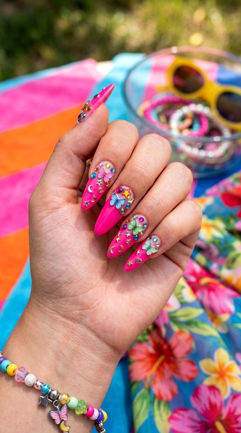 YK Butterfly Charm Nails - 20 Summer Acrylic Nail Art Ideas