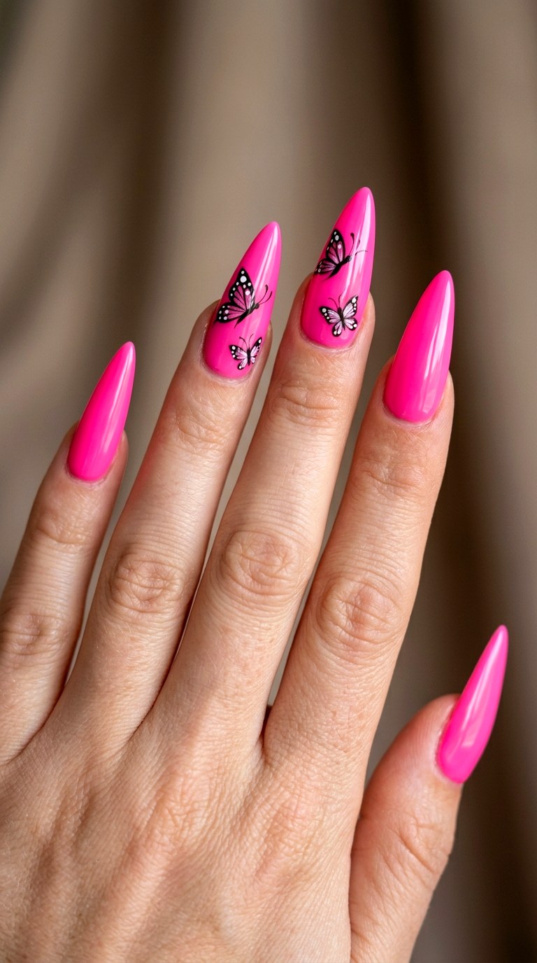 YK Hot Pink Butterfly Art Nails - 24 teen nail art ideas