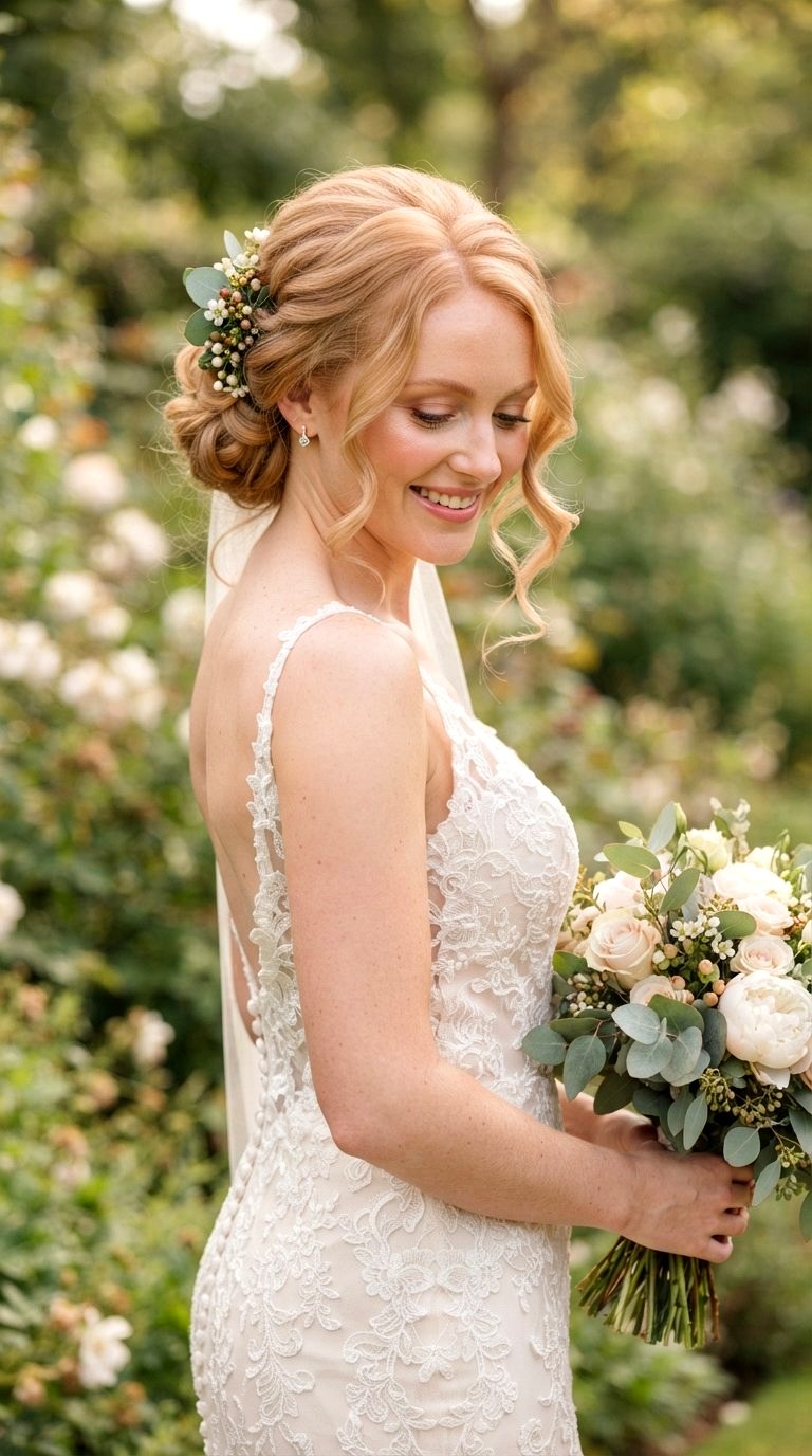 cascading Low Bun with tendrils - 20 low bun hairstyles ideas