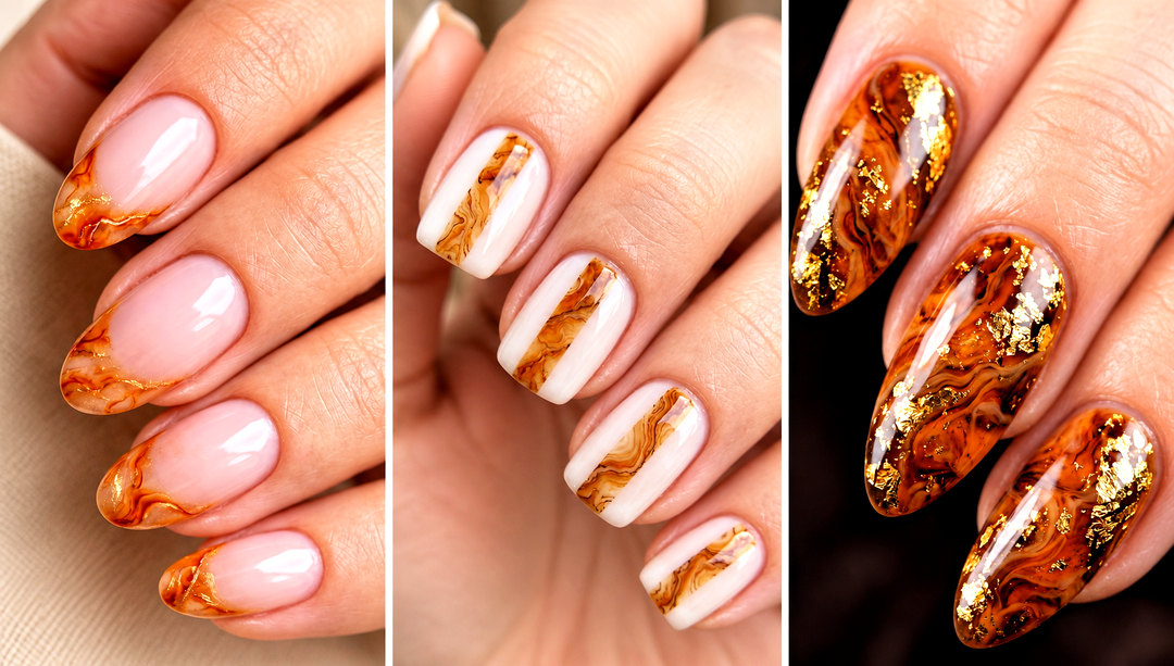 22 Glossy Amber Marble Nails