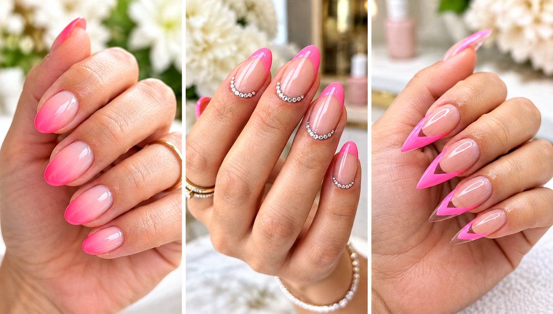 22 bright pink french nails